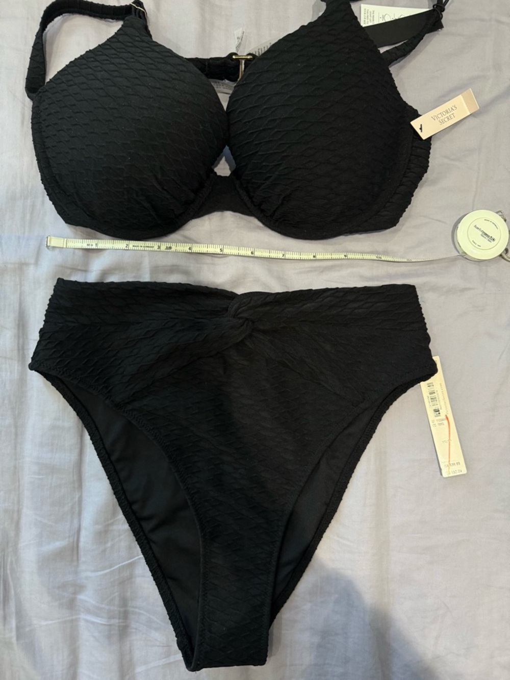 Victoria's Secret Black Textured High-Waist Bikini Set top 34D/bottom Xs